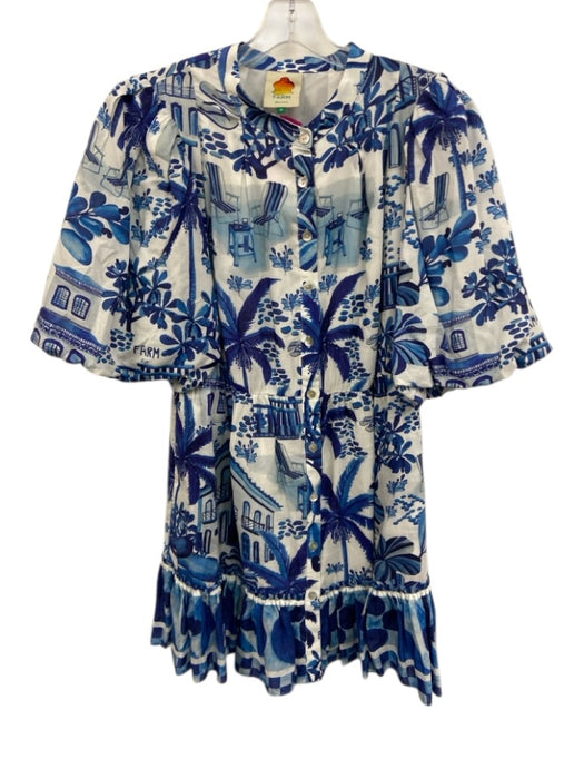 Farm Rio Size M blue and white Cotton Blend Tropical Print Button Down Dress blue and white / M