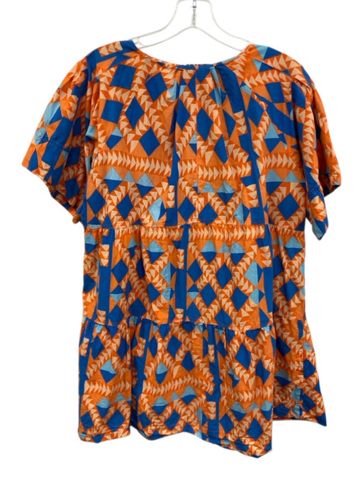 Marea Size M Orange and Blue Cotton V Neck Abstract Short Sleeve Straight Dress Orange and Blue / M