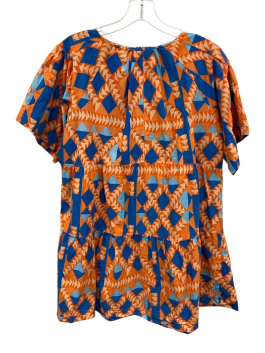 Marea Size M Orange and Blue Cotton V Neck Abstract Short Sleeve Straight Dress Orange and Blue / M