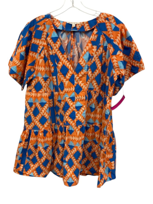 Marea Size M Orange and Blue Cotton V Neck Abstract Short Sleeve Straight Dress Orange and Blue / M