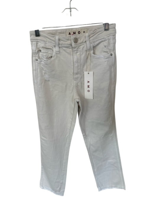 AMO Size 25 Cream Cotton Blend High Waist Straight Leg Raw Hem Distressed Jeans Cream / 25