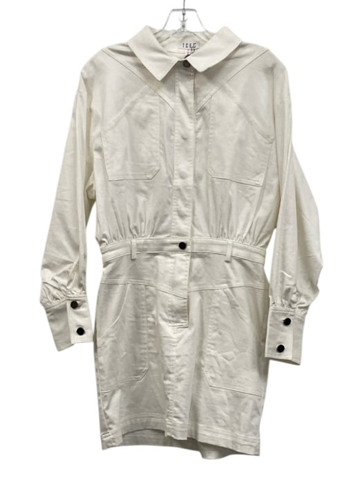 TCEC Size M White Cotton Blend Denim Long Balloon Sleeve 1/2 Button Front Dress White / M
