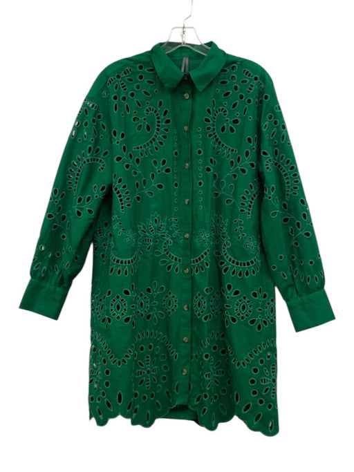 By Anthropologie Size S Green Cotton Long Sleeve Eyelet Button Front Dress Green / S