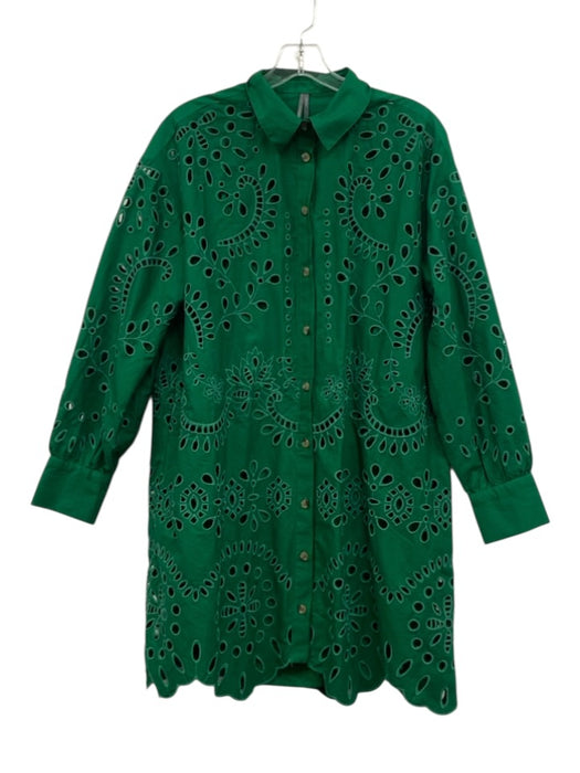 By Anthropologie Size S Green Cotton Long Sleeve Eyelet Button Front Dress Green / S