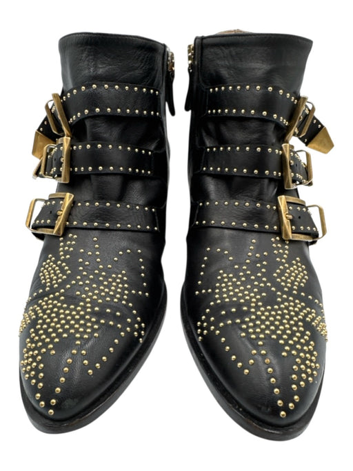 Chloe Shoe Size 38.5 Black & Gold Tone Leather Upper Studded Side Zip Booties Black & Gold Tone / 38.5