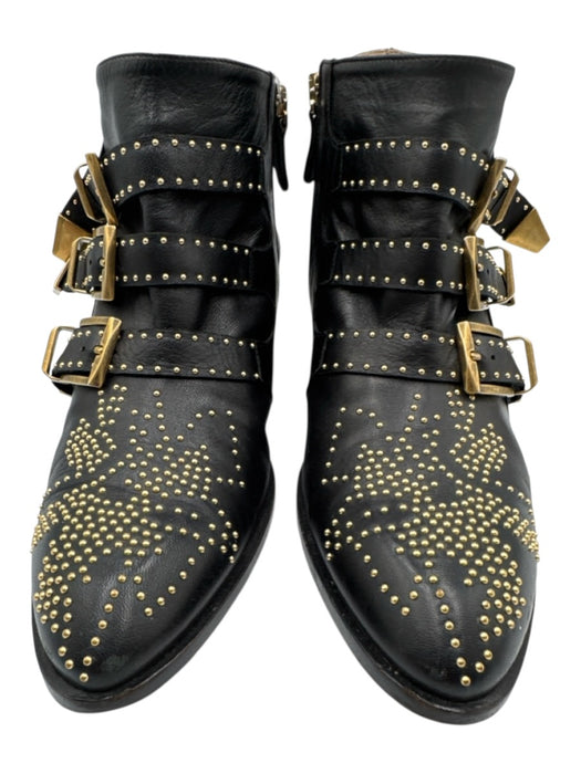 Chloe Shoe Size 38.5 Black & Gold Tone Leather Upper Studded Side Zip Booties Black & Gold Tone / 38.5