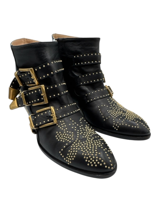 Chloe Shoe Size 38.5 Black & Gold Tone Leather Upper Studded Side Zip Booties Black & Gold Tone / 38.5