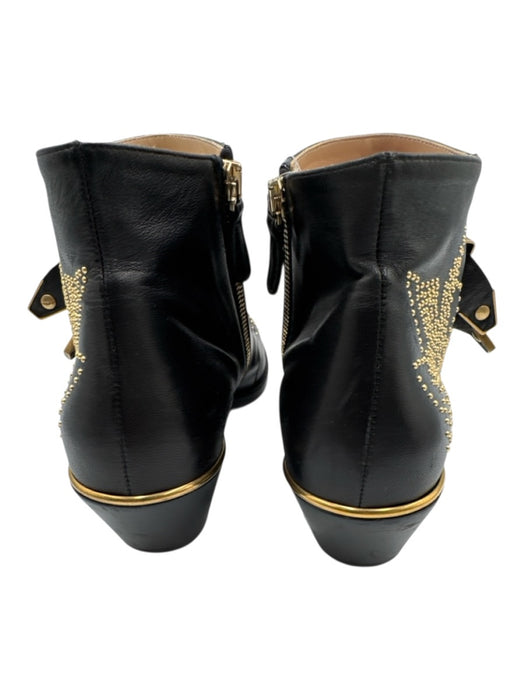 Chloe Shoe Size 38.5 Black & Gold Tone Leather Upper Studded Side Zip Booties Black & Gold Tone / 38.5