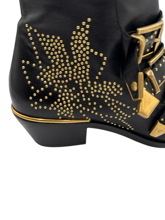 Chloe Shoe Size 38.5 Black & Gold Tone Leather Upper Studded Side Zip Booties Black & Gold Tone / 38.5