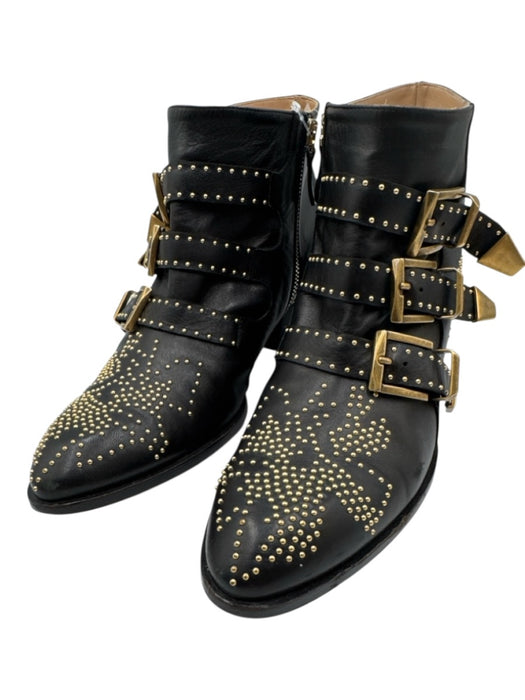 Chloe Shoe Size 38.5 Black & Gold Tone Leather Upper Studded Side Zip Booties Black & Gold Tone / 38.5