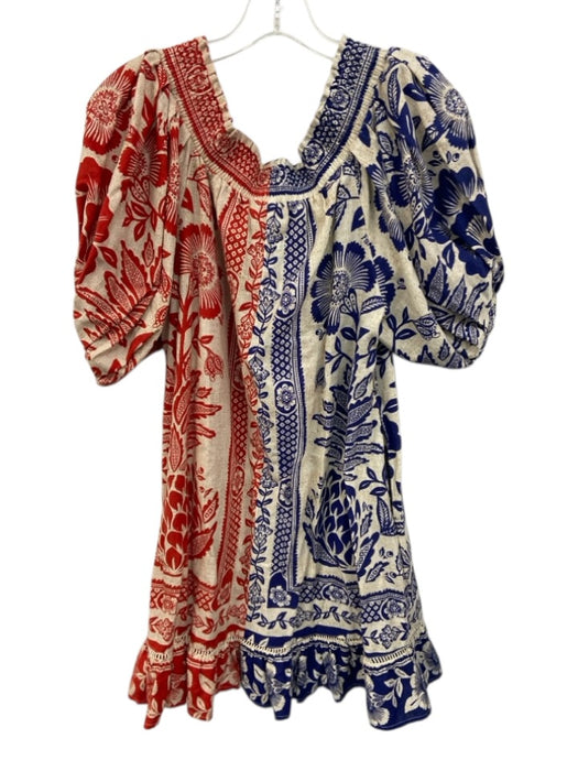 Farm Rio Size S Cream, Blue & Red Linen Blend Off Shoulder Button Front Dress Cream, Blue & Red / S
