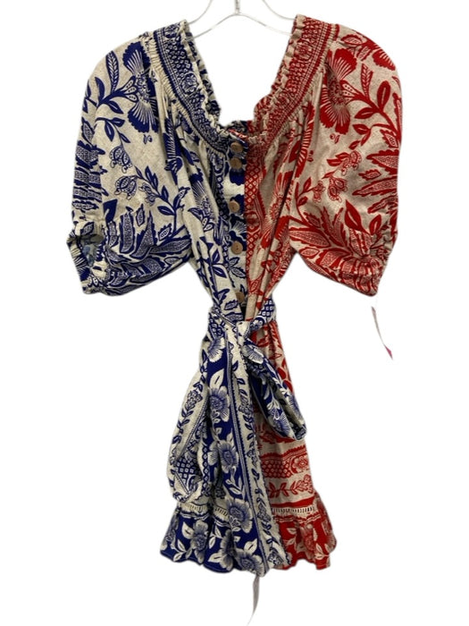 Farm Rio Size S Cream, Blue & Red Linen Blend Off Shoulder Button Front Dress Cream, Blue & Red / S