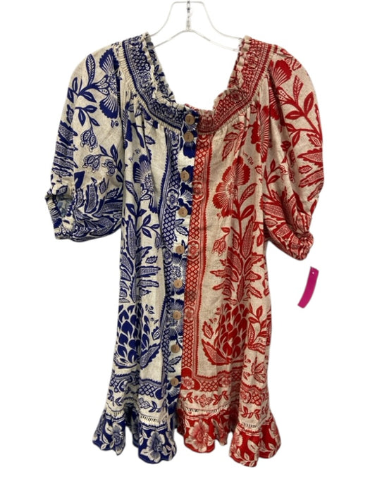 Farm Rio Size S Cream, Blue & Red Linen Blend Off Shoulder Button Front Dress Cream, Blue & Red / S
