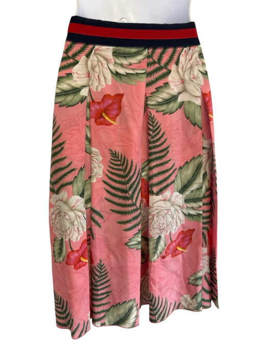 Gucci Size 40 Pink, Green & Multi Print Silk Botanical Pleated Knee length Skirt Pink, Green & Multi Print / 40