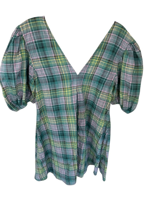 Ganni Size 36 Green & Pink Organic Cotton Blend Short Balloon Sleeve Plaid Dress Green & Pink / 36
