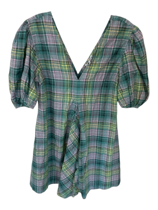 Ganni Size 36 Green & Pink Organic Cotton Blend Short Balloon Sleeve Plaid Dress Green & Pink / 36