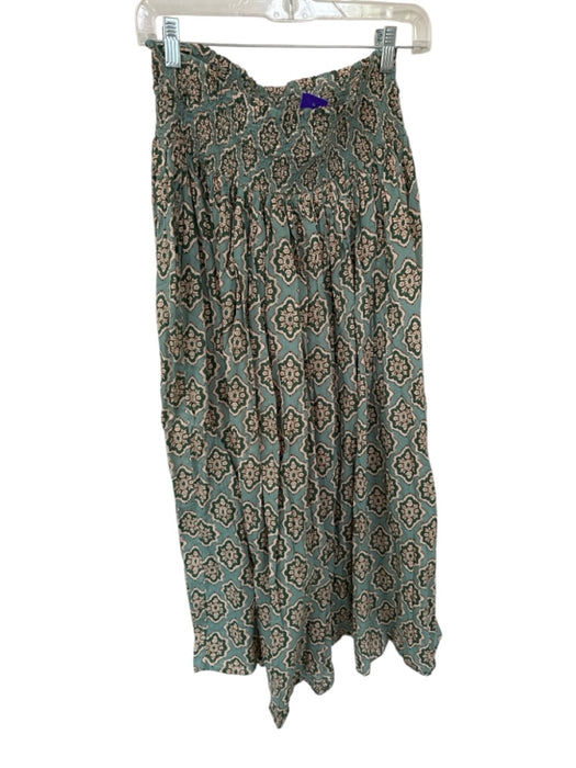 Size Est M Green & Tan Cotton Smocked Waist Band Kaleidoscope Maxi Skirt Green & Tan / Est M