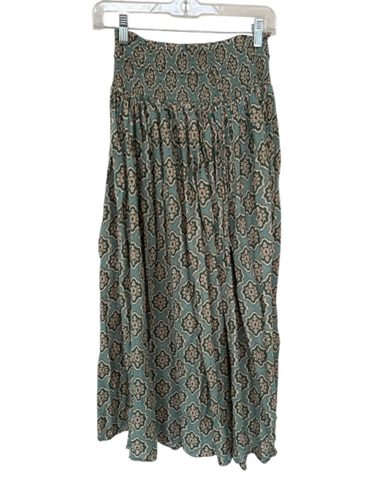 Size Est M Green & Tan Cotton Smocked Waist Band Kaleidoscope Maxi Skirt Green & Tan / Est M