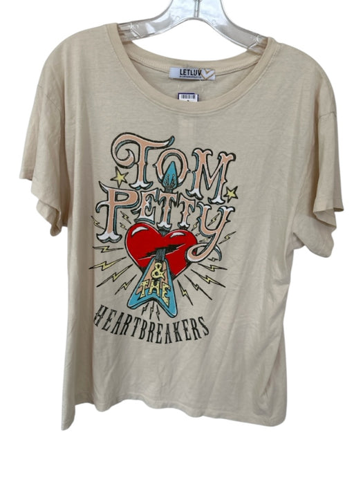 LetLuv Size L Tan & blue Cotton Short Sleeve band T Top Tan & blue / L