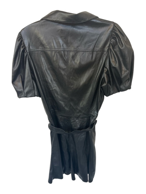 Alice & Olivia Size 8 Black Vegan Leather Short Balloon Sleeve Button Down Dress Black / 8