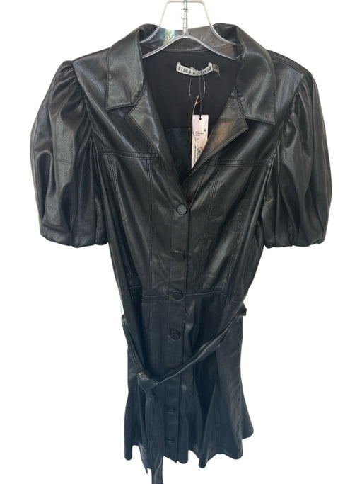 Alice & Olivia Size 8 Black Vegan Leather Short Balloon Sleeve Button Down Dress Black / 8