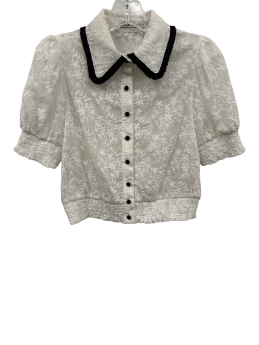 Alice + Olivia Size S White & Black Polyester Sheer Embroidered Half Sleeve Top White & Black / S
