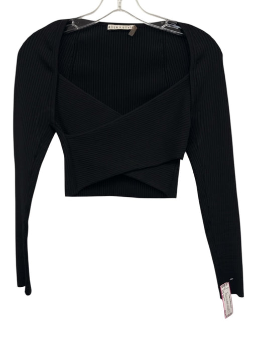 Alice + Olivia Size S/P Black Viscose Ribbed Criss Cross Cropped Long Sleeve Top Black / S/P