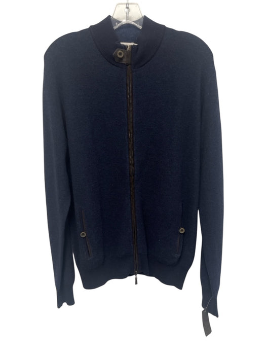 Peter Millar Size M Navy Blue Cotton Blend Solid Zip UP Leather Accents Sweater Navy Blue / M