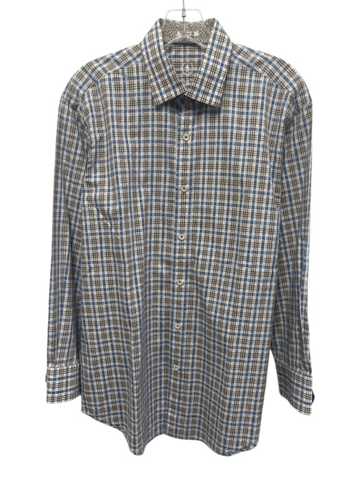 Bugatchi Size M Brown & Blue Cotton Plaid Button Up Men's Long Sleeve Shirt Brown & Blue / M