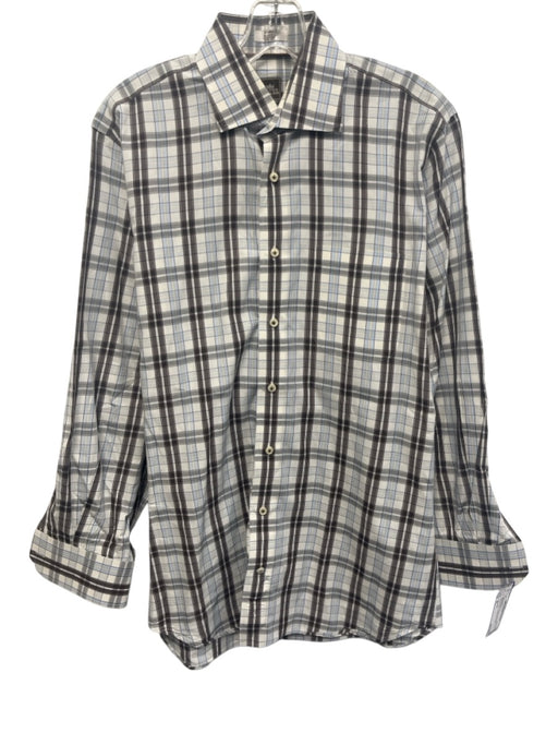 Peter Millar Size M White & Brown Cotton Plaid Button Up Men's Long Sleeve Shirt White & Brown / M