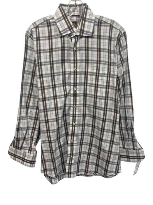 Peter Millar Size M White & Brown Cotton Plaid Button Up Men's Long Sleeve Shirt White & Brown / M
