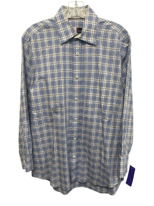 Bugatchi Size M White & Blue Cotton Plaid Button Up Men's Long Sleeve Shirt White & Blue / M