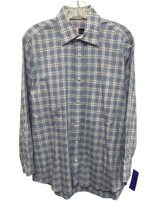 Bugatchi Size M White & Blue Cotton Plaid Button Up Men's Long Sleeve Shirt White & Blue / M