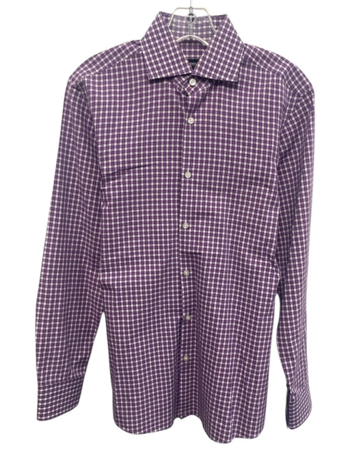 Boss Size 15 Purple & White Cotton Plaid Button Up Men's Long Sleeve Shirt Purple & White / 15