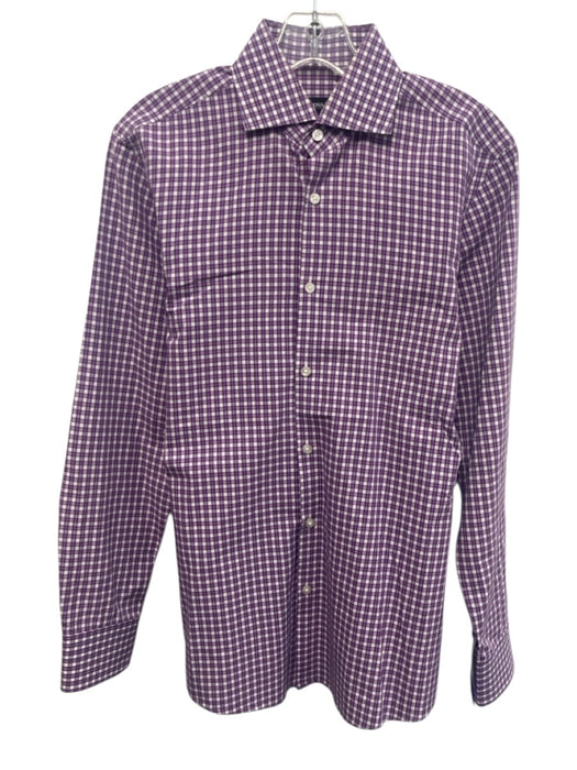 Boss Size 15 Purple & White Cotton Plaid Button Up Men's Long Sleeve Shirt Purple & White / 15