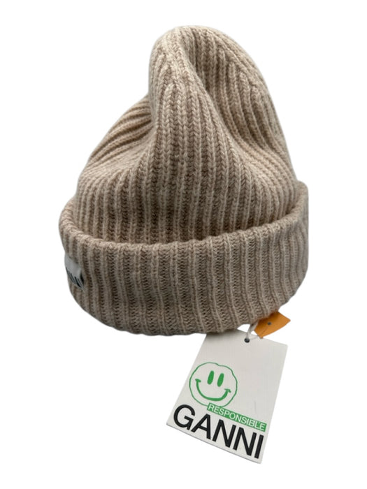 Ganni Beige Wool & Polyamide Rib Knit cuff Beanie Hat Beige / One Size
