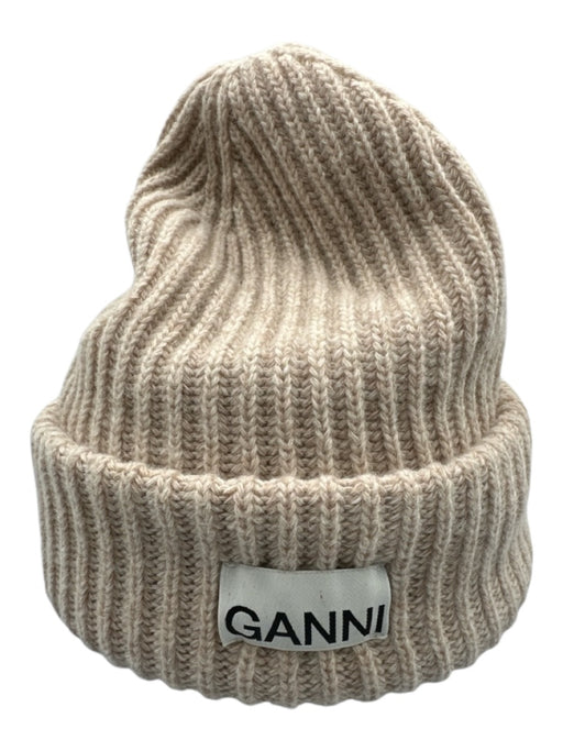 Ganni Beige Wool & Polyamide Rib Knit cuff Beanie Hat Beige / One Size