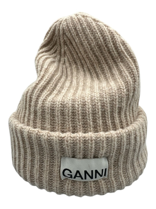 Ganni Beige Wool & Polyamide Rib Knit cuff Beanie Hat Beige / One Size