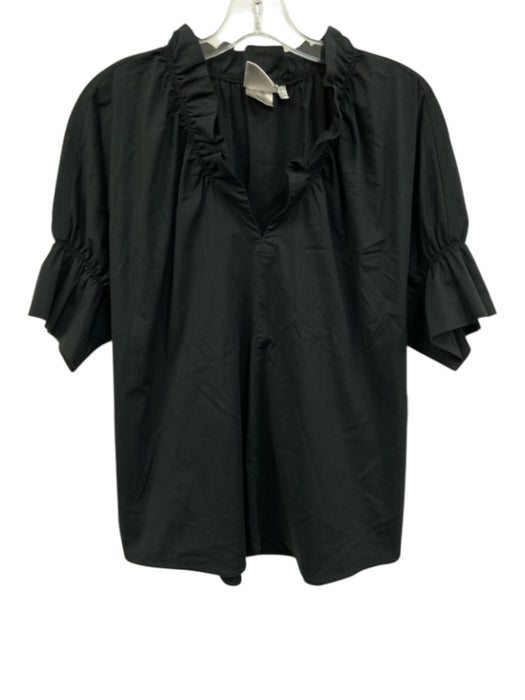 Finley Size Large Black Cotton Blend Short Ruffle Sleeve Split Neck Elastic Top Black / Large