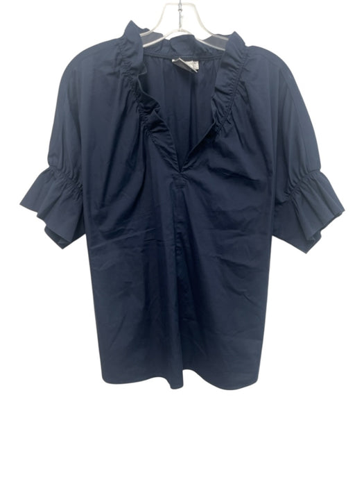 Finley Size XL Navy Blue Cotton Blend Short Balloon Sleeve Ruffle Neckline Top Navy Blue / XL