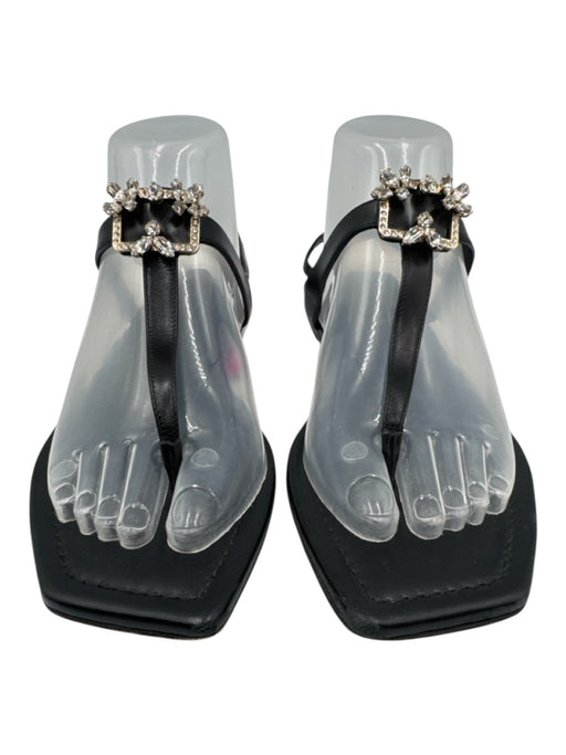 Roger Vivier Shoe Size 38 Black Leather Rhinestone Buckle Square Toe Sandals Black / 38
