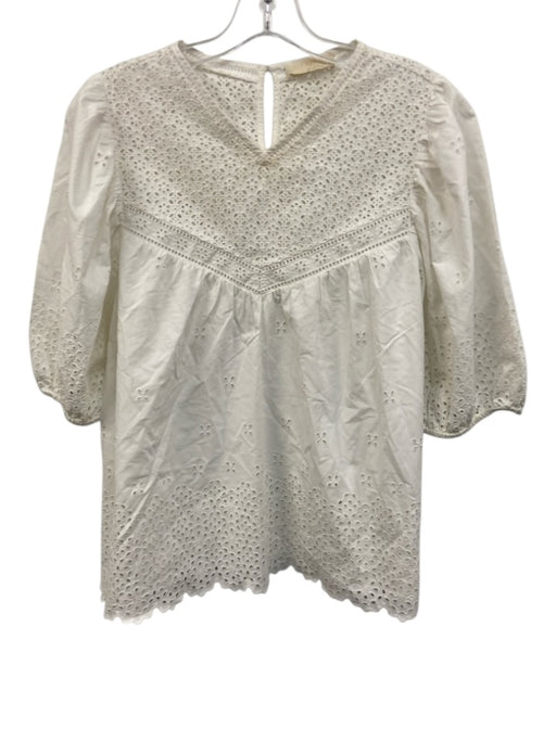 Ulla Johnson Size 14 White Cotton Half Puff Sleeve Floral Eyelet V Neck Top White / 14
