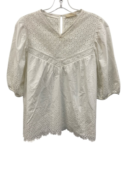 Ulla Johnson Size 14 White Cotton Half Puff Sleeve Floral Eyelet V Neck Top White / 14