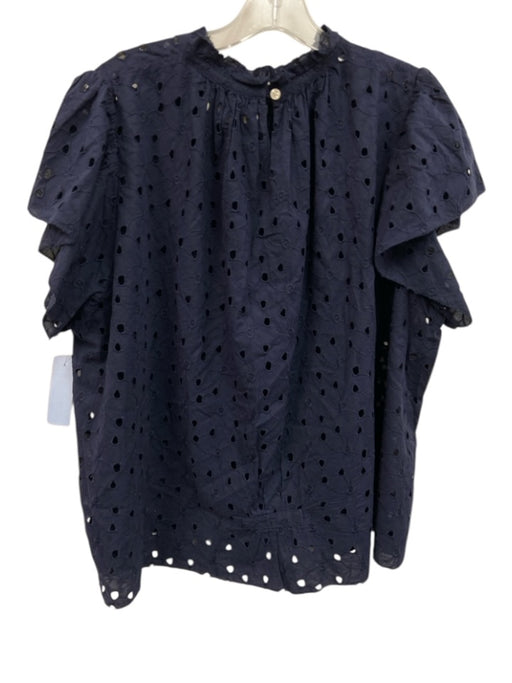 Birds of Paradis Size Large Navy Blue Cotton Short Sleeve Floral Eyelet Top Navy Blue / Large