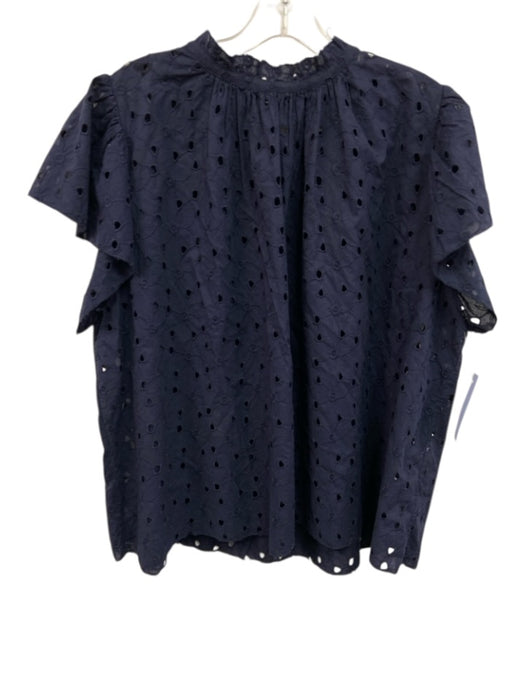 Birds of Paradis Size Large Navy Blue Cotton Short Sleeve Floral Eyelet Top Navy Blue / Large