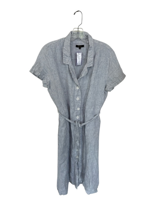 Quince Size M Blue & White Linen Striped Short Sleeve Button Up Collared Dress Blue & White / M