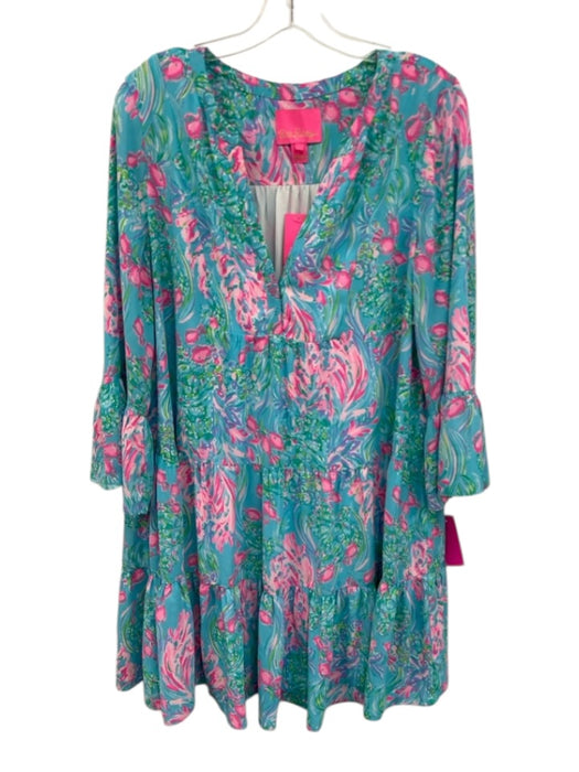 Lilly Pulitzer Size 14 Blue, Pink, Green Polyester Long Sleeve Aquatic Dress Blue, Pink, Green / 14