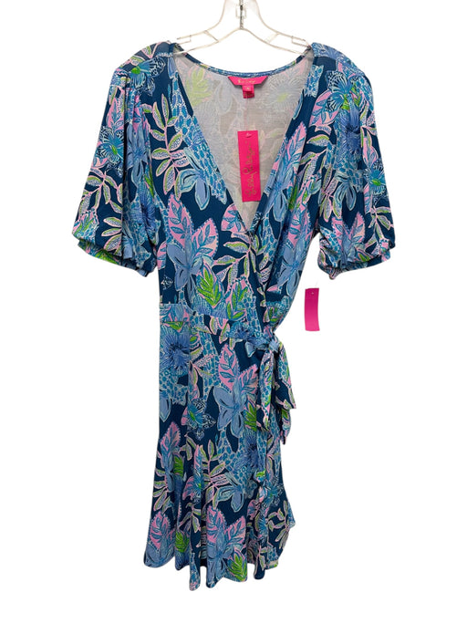Lilly Pulitzer Size XL Blue, Pink, Green Rayon & Elastane Aquatic Wrap Dress Blue, Pink, Green / XL