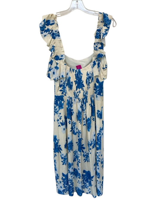 Sugar + Lips Size L Cream & Blue Rayon Blend Flutter Sleeves Flowers Maxi Dress Cream & Blue / L