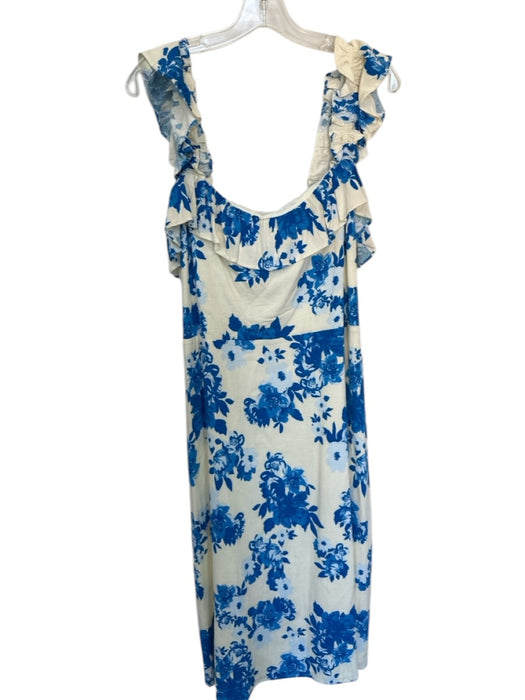 Sugar + Lips Size L Cream & Blue Rayon Blend Flutter Sleeves Flowers Maxi Dress Cream & Blue / L
